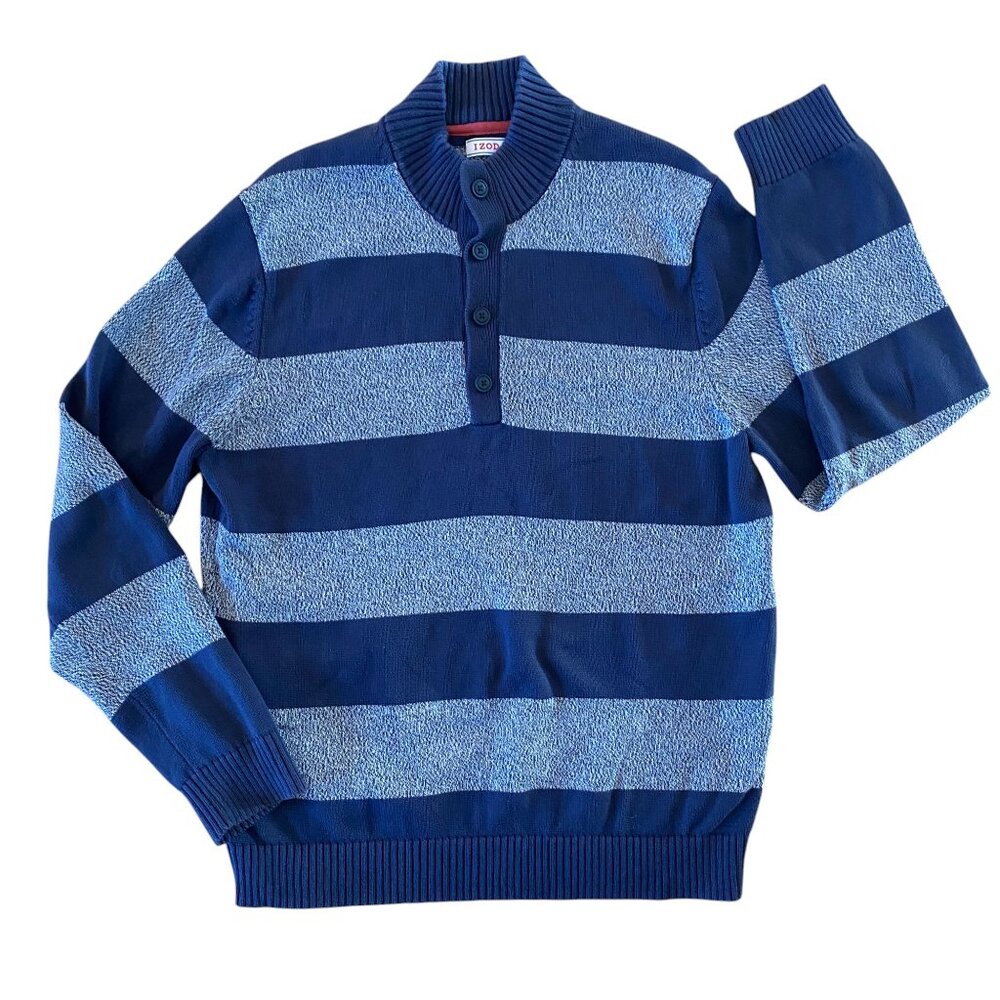 Izod Striped Henley Sweater Blue Rugby Bloke Kurt Cobain 90s Grunge Grandpa-XL